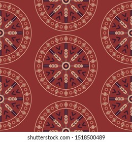 American ethnic floral pattern. Semless boho ornament on red background with minimal flowers