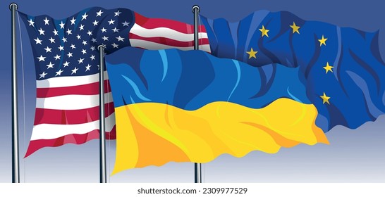 American, EU Europe Union, Ukrainian waving flags. United States US, Europe and UA Ukraine partnership ties background