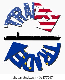 Comercio estadounidense y de la UE con banderas y contenedores