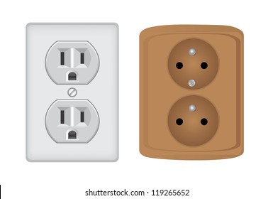 American and european electric socket, isolated - realistic illustration