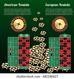 American and European roulette wheel and table layout for online casino, poker, roulette, slot machines, card games. Elements for gambling. Cash bash