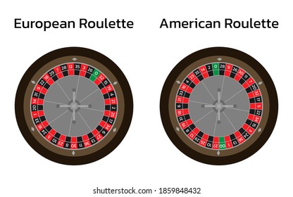 American and european roulette wheels online casino. Flat style vector illustration isolated on white background. 