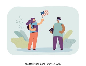 American exchange student meeting Caucasian girl with USA flag. Pupils from different countries flat vector illustration. International or global communication, education concept for banner, website