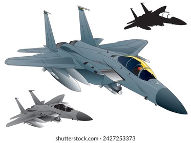 American F-15 EagleTwin engine jet fighter gray image illustration (monotone, black silhouette set)