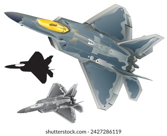 American F-22 Lightning Twin engine stealth jet fighter dark gray image illustration (monotone, black silhouette set)