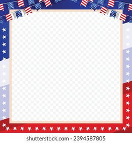 American fame transparent empty, blank, copy space background template design with usa elements, bunting decoration. Vector illustration.
