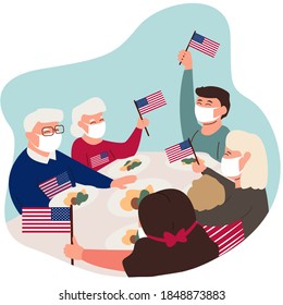 American family celebrates national day. Isolation during coronavirus. Family wearing medical masks. People holding USA flags.