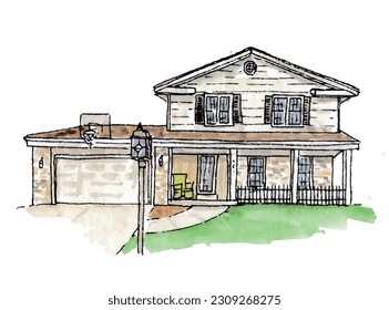 American family home. Porch, clap board, stone, lawn, basketball hoop. Watercolor sketch illustration. Isolated vector.