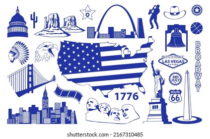 Amerikanische berühmte Stadt Wahrzeichen und Gebäude Vektor Set. New York, Chicago, Washington und Las Vegas Attraktion, nationales Symbol. Reiseziel-Illustration