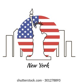 American famous sightseeing - Statue of Liberty with a city line isolated on the white background. Branding identity element, vector logo design concept. T-shirt design or home decor element.