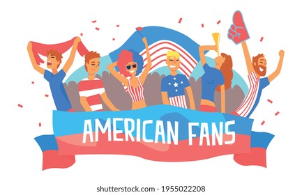 American Fans Banner Template, Happy Sport Fans in American Flag Colors Outfit Cheering for their Team, Sport Game Supporters Cartoon Vector Illustration