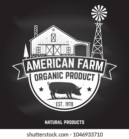 American Farm Badge or Label on the chalkboard. Vector illustration. Vintage typography design with pig silhouette. Elements on the theme of the pork farm business. Farm insignia and patches 