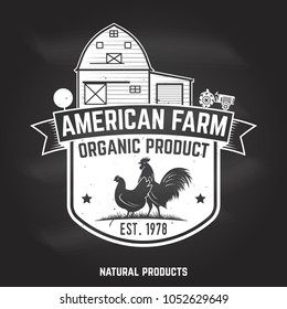 American Farm Badge or Label on the chalkboard. Vector. Vintage typography design with chickens silhouette. Elements on the theme of the chicken farming business. Farm insignia and patches