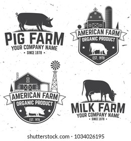 American Farm Badge or Label. Vector illustration. Vintage typography design with cow, pig and farm house silhouette. Elements on the theme of the pork farm business.