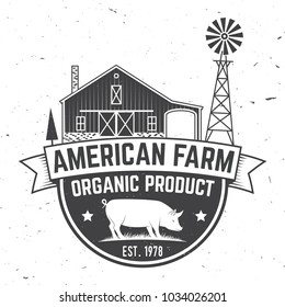 American Farm Badge or Label. Vector illustration. Vintage typography design with pig silhouette. Elements on the theme of the pork farm business. Farm insignia and patches isolated on white