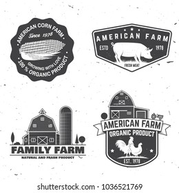 American Farm Badge or Label. Vector illustration. Vintage typography design with chicken, pig and farm house silhouette. Elements on the theme of the pork and chicken farm business.