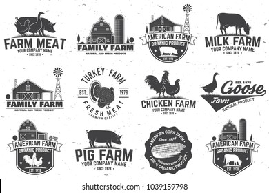 American Farm Badge or Label. Vector illustration. Vintage typography design with chicken, pig, turkey, cow and farm house silhouette. Elements on the theme of the milk, pork and chicken farm business