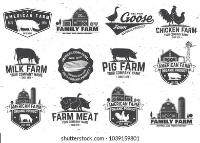 American Farm Badge or Label. Vector illustration. Vintage typography design with chicken, pig, turkey, cow and farm house silhouette. Elements on the theme of the milk, pork and chicken farm business