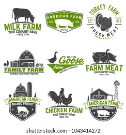 American Farm Badge or Label. Vector illustration. Vintage typography design with chicken, pig, cow and farm house silhouette. Elements on the theme of the milk, pork and chicken farm business.