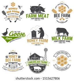 American Farm and Honey bee farm Badge or Label. Vector. Vintage typography design with bee, honeycomb piece, hive, chicken, pig, cow and farm house silhouette. Elements on the theme farm business.