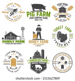 American Farm and Honey bee farm Badge or Label. Vector. Vintage typography design with bee, honeycomb piece, hive, chicken, pig, cow and farm house silhouette. Elements on the theme farm business.