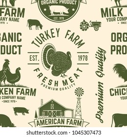 American Farm seamless pattern. Vector. Vintage design with chicken, pig, cow and farm house silhouette. Elements on the theme of the milk, pork and chicken farm business. Country farm background.