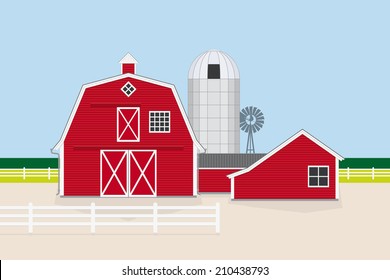 American Farm Vector Illustration. Traditional american farm with red barn, farm house, silo and windmill. Flat design, no gradients.
