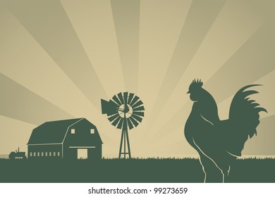 American Farming Background With Barn, Wind Turbine, Rooster