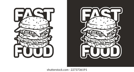 American fast food or burger with meat, cheese and vegetable for logo or emblem. USA food or hamburger with bun, lettuce, cheese, tomato, onion, cutlet for cafe and restaurant.