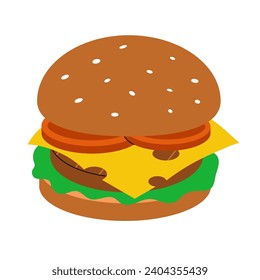 American fast food. Burger with meat, vegetables, cheese, buns. Unhealthy snack, sandwich with cutlet, lettuce, tomato. Flat vector illustration isolated on white background.