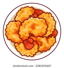 American fast food fried shrimp recipe illustration vector.
Asian appetizers and finger food icon top view.
Fried seafood shrimp or prawn top view cartoon.
Fast food crispy shrimp menu icon vector.