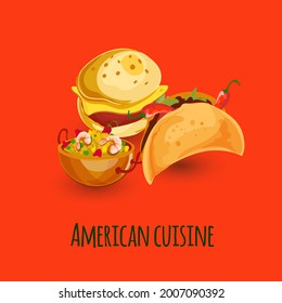 American fast food. Hamburger. taco, sea food salad. American cuisine. Vector illustration 