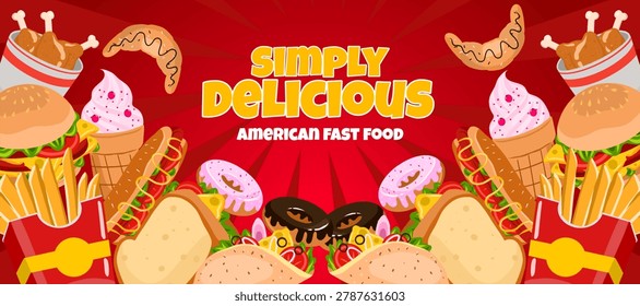 American Fast Food Horizontal Web Banner Design Vector Illustration for Restaurant Promo