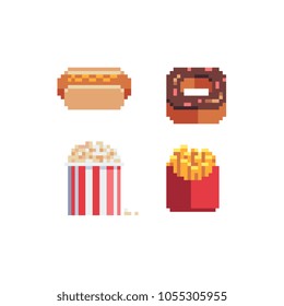 American fast food pixel art icons set hot dog, chocolate donut, popcorn and french fries isolated vector illustration. Design for sticker, mobile app, web site, social media and logo. 8-bit sprite.