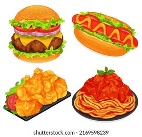 American fast food set menu close up illustration vector. (Cheeseburger, Sausage hot dog, Deep fried chicken and
Tomato spaghetti)
