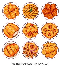 Menú de comida rápida americano icono de la vista superior vector.
(Pollo frito, patatas fritas, alas de pollo, pescado con pan crujiente, camarón crujiente, cebolla frita, 
Cerdo de Tonkatsu, calamar frito de pescado, nuggets de pollo)