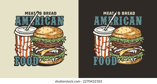 American fast food with striped cup and burger with meat, cheese and vegetable for logo or emblem. USA food or hamburger with bun, lettuce, cheese, tomato, onion, cutlet for cafe and restaurant.
