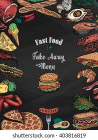 american, fast food, take away, bacon,  bread, breakfast, burger, cheese, chicken, croissant,  eggs, fish, fork, hamburger, ketchup, loaf, omelet, pepper, pizza, salami, salmon, sandwich, sausage