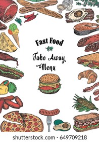 american, fast food, take away, bacon,  bread, breakfast, burger, cheese, chicken, croissant,  eggs, fish, fork, hamburger, ketchup, loaf, omelet, pepper, pizza, salami, salmon, sandwich, sausage