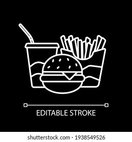 American fast food white linear icon for dark theme. Unhealthy eating. Junk food take out. Thin line customizable illustration. Isolated vector contour symbol for night mode. Editable stroke