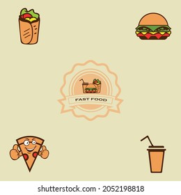 american fastfood emblem for your logo. Burger, chicken and fries, nuggets, donut and coffee, cake, soda and noodle, nachos and ice cream vector icons