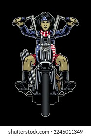 American Female Biker Riding on Vintage Motorcycle