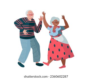 American female dancing with man. Concept of happy retirement. Recreation and active life for seniors. Flat vector illustration in yellow and orange colors