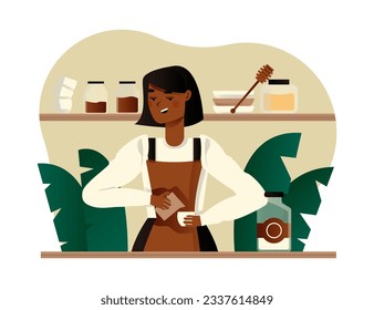 American female pouring milk in small cup. Small business owner. Prepare hot drink for clients process. Vector flat illustration in cartoon style in green and brown colors