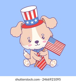 American festive pet. Funny dog in top hat and tie in colors of flag. Cute cartoon patriotic animal character. Holiday Fourth of July American Independence Day. Vector illustration