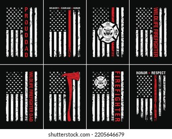 American Firefighter Design Template. Firefighter With USA Flag T Shirt Design Bundle