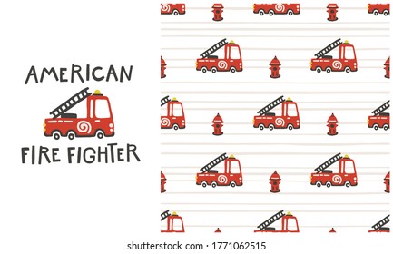 American firefighter. Fire truck cars seamless pattern. Vector baby illustration in scandinavian simple hand-drawn style. The limited palette is ideal for printing on kids clothes, digital paper.