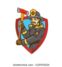 American firefighter, fireman in helmet holds an ax in his hands. Cartoon vector illustration. Fire department logo or label.