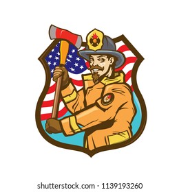 American firefighter, fireman in helmet holds an ax in his hands. Cartoon vector illustration. Fire department logo or label.
