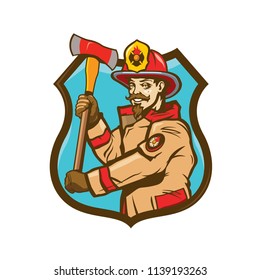 American firefighter, fireman in helmet holds an ax in his hands. Cartoon vector illustration. Fire department logo or label.